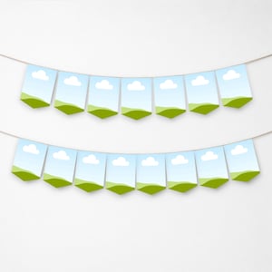 May include: Two strings of pennant banners, each with ten rectangular flags. Each flag features a blue sky with white clouds over a green landscape. The banners are strung on thin, light-colored cords, suitable for party decorations.