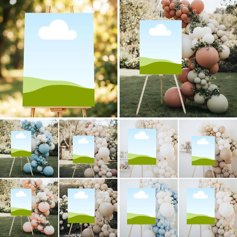 May include: A series of blank signs on wooden easels, each featuring a blue sky with a white cloud and green hills. The signs are displayed outdoors, surrounded by decorative balloon arrangements in various colors.
