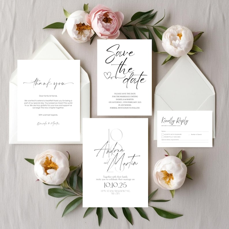May include: A collection of white wedding stationery with black calligraphy. The set includes a "Save the Date" card, a "Thank You" card, an invitation, and a reply card. The cards are surrounded by white envelopes and pink and white flowers.