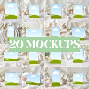 May include: A collection of 20 mockups with Easter themes. Each mockup shows a greeting card with a landscape scene of a green hill, blue sky, and a white cloud. White ceramic rabbits and pastel eggs are also present.