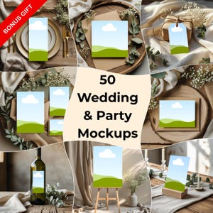 Könnte beinhalten: Eine Sammlung von Hochzeits- und Party-Mockups mit einem Design aus blauem Himmel und grüner Landschaft. Das Bild enthält Tischkarten, Etiketten und ein Weinflaschenetikett. Der Text "50 Wedding & Party Mockups" ist in der Mitte zu sehen.