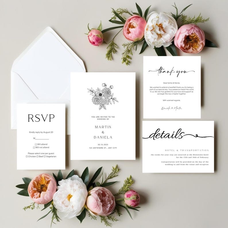 May include: A collection of white wedding stationery, including an RSVP card, invitation, thank you note, and details card. The invitation features a floral illustration and the names "Martin & Daniela." The cards are arranged with pink and white peonies and greenery.