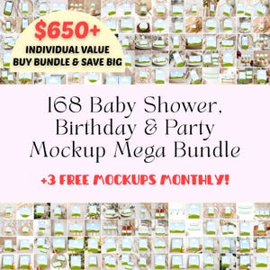 Festmockup Mega Bundle, Babyshower, Födelsedag, 168 Canva-mallar, + Gratis månatliga bonusmockups