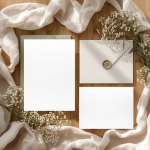 Può includere: Set di partecipazioni di nozze su una superficie di legno. Il set comprende un biglietto bianco grande, una busta con sigillo di cera e un biglietto più piccolo. Tessuto bianco e piccoli fiori bianchi completano l'insieme.