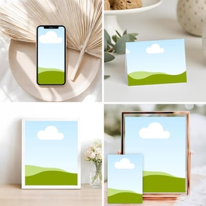 May include: A collection of mockups featuring a landscape design with a blue sky, white cloud, and green hills. Includes a smartphone, folded card, framed print, and a glass frame with a smaller print.