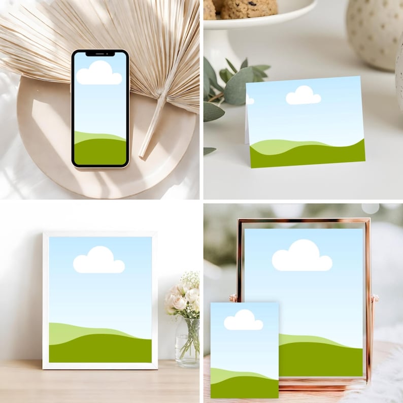 May include: A collection of mockups featuring a landscape design with a blue sky, white cloud, and green hills. Includes a smartphone, folded card, framed print, and a glass frame with a smaller print.