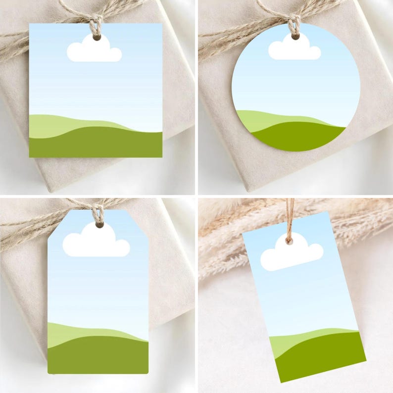 May include: Four gift tags with a landscape design. Each tag features a blue sky with a white cloud and green rolling hills. The tags are square, round, rectangular, and a tag shape, all with a hole for string.