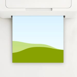 May include: A printed sheet of paper emerging from a printer. The paper features a gradient sky blue background with rolling green hills. The printer is white and has a clean, modern design.