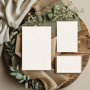 May include: A flat lay composition of stationery and decorative items. Cream-coloured blank cards of different sizes are displayed with a kraft paper envelope, sage green paper, and sprigs of greenery on a wooden surface. Burlap fabric and a cream-coloured cloth add texture.