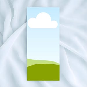 May include: A rectangular graphic with a gradient sky blue background, a white cloud, and green rolling hills. The design is simple and evokes a sense of nature and tranquility. The image is set against a soft, white, textured background.