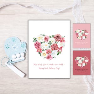 Cartão para o Primeiro Dia das Mães | Download Digital | 3 Opções de Cores | Impressão 5 x 7 polegadas | Design Floral de Coração | Presente para Nova Mãe | Presente para Esposa