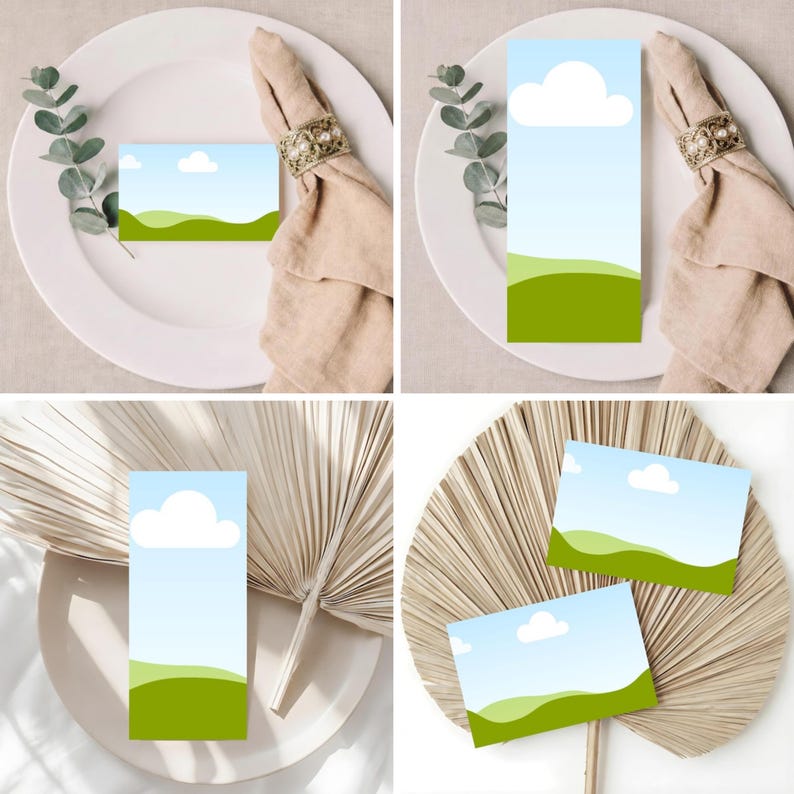 May include: A collection of four images showcasing place cards with a landscape design. The cards feature a blue sky with a white cloud and green rolling hills. They are displayed on plates, napkins, and a decorative leaf.