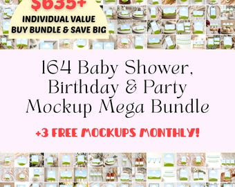 Party Mockup Mega Bundle, Baby Shower, Birthday, 164 Canva Templates, +Free Monthly Bonus Mockups