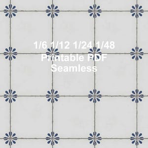 Può includere: Motivo di piastrelle bianche con accenti floreali blu e fughe grigio scuro. L'immagine include il testo "1/6 1/12 1/24 1/48 Printable PDF Seamless". Adatto per progetti creativi.