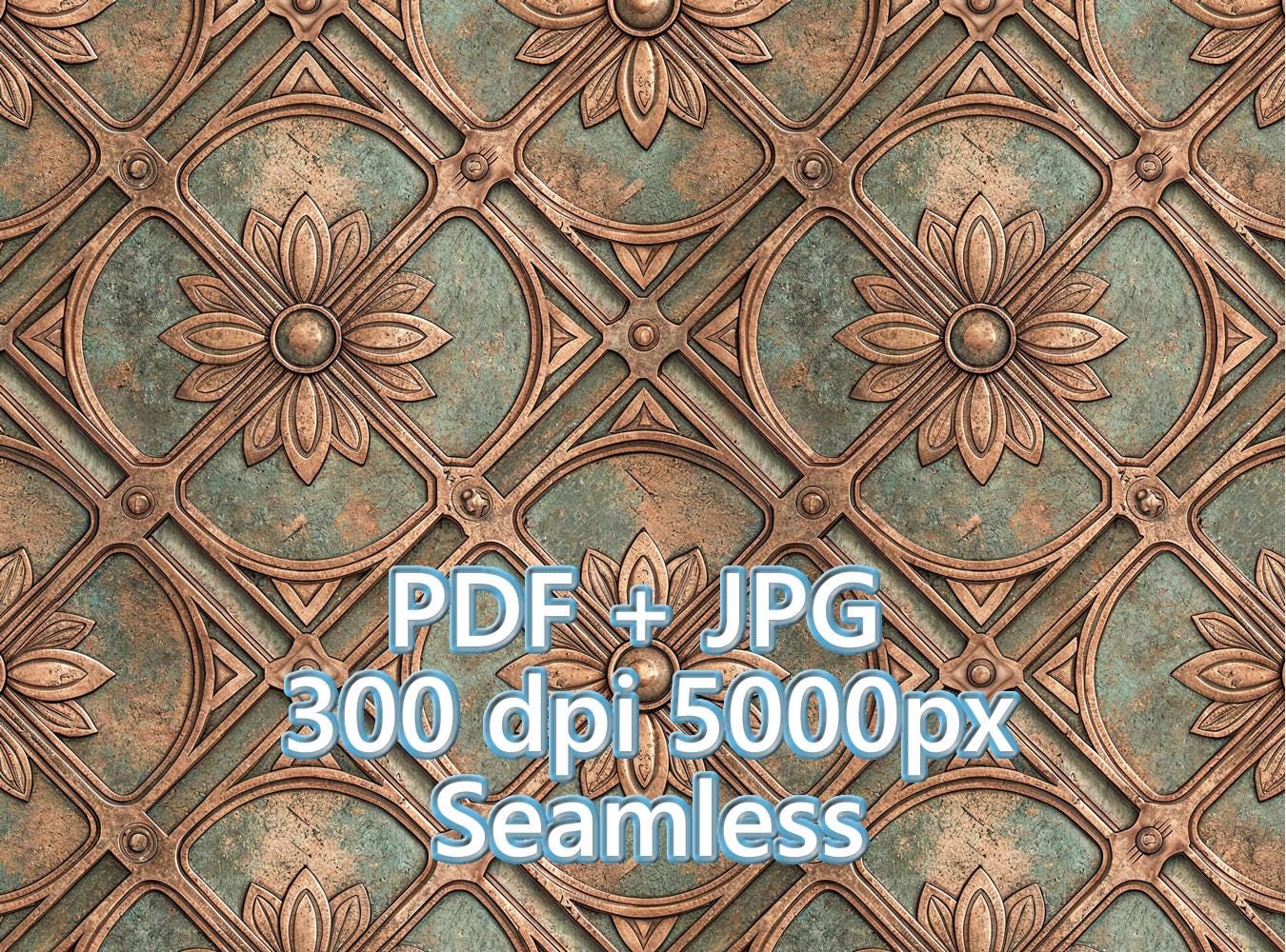 1/6 1/12 Embossed Copper & Verdigris Patina Ornate Floral Wall Decor Panel Texture I Seamless Digital Pattern Wallpaper PDF+JPG 5000px