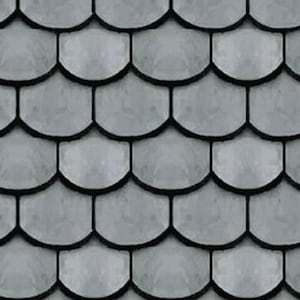 May include: A close-up of a grey slate roof with overlapping tiles. The tiles are arranged in a pattern that resembles fish scales.