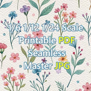 1/6 1/12 1/24 poppenhuisminiatuur vintage kleurrijk lenteweide bloemenbehang afdrukbare pdf + jpg - direct downloaden