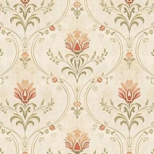May include: Wallpaper with a cream background and a repeating floral design. The pattern includes peach and red flowers, green leaves, and stems. The background has a subtle, aged texture, giving it a vintage appearance.