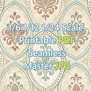 Miniature Victorian Green & Terracotta Damask Medallion Wallpaper 1/6 1/12 1/24 Dollhouse Antique Pattern Oval Frames Printable PDF + JPG