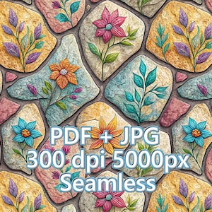 May include: A seamless digital pattern featuring colorful floral and botanical designs on a stone background. The image includes text that reads "PDF + JPG 300 dpi 5000px Seamless". The design incorporates various colors and textures.