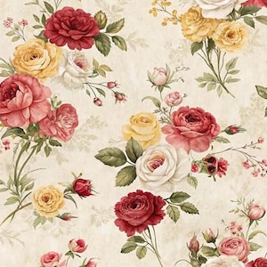 1/6 1/12 1/24 Dollhouse Vintage Red Yellow Pink Roses Wallpaper Seamless – Romantic Shabby Chic Pattern - DIGITAL Printable Instant Download