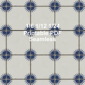 May include: A repeating pattern of square tiles with a cream-colored background. Each tile features a dark blue sunburst design in the center. The text "1/6 1/12 1/24 Printable PDF Seamless" is overlaid on the image.