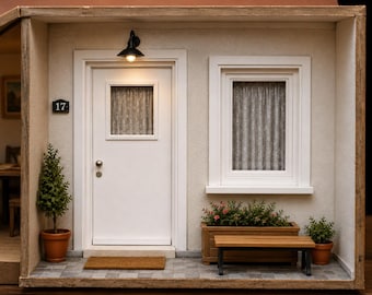 Puppenhaus-Miniatur im Kolonialstil (Maßstab 1:12, 1:24, 1:48): Weiße Tür & Fenster mit weißen Zierleisten (PDF zum Ausdrucken) | Digitaler Download