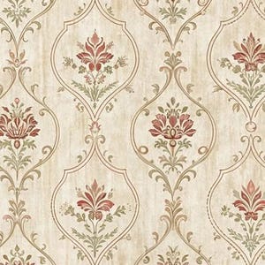 Papel pintado para casa de muñecas, estilo vintage, rojo, verde, francés, con estampado de damasco floral, sin costuras, para habitación de granja, diorama en miniatura (1/6, 1/12, 1/24, PDF)