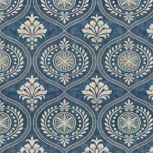 1/6 1/12 1/24 Dollhouse Baroque Damask & Rosette Pattern Antique Beige on Navy Wallpaper Seamless - DIGITAL Printable Instant Download
