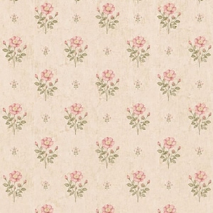 May include: A repeating pattern featuring pink roses and buds with green leaves, set against a beige backdrop. The floral design is evenly distributed, creating a vintage, romantic feel. The background has a subtle, textured appearance.