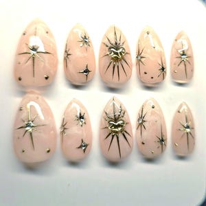Handmade Gold Star Press-On Nails: Marble Nails, Multiple Shapes and Sizes