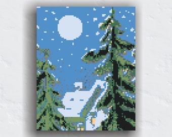 Abstract Winter Forest Landscape-Digital Print-Snowy Tree Holiday Art-Instant Download-Christmas Decor-Winter Printable Art-Pixel Art-Night