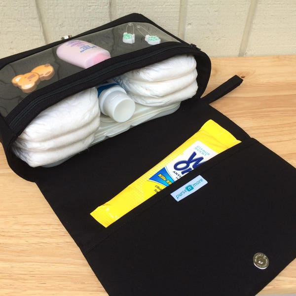 Black or gray diaper bag, baby bag organizer, diaper clutch, diaper purse with clear zipper pouch, nappy bag
