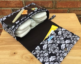 Black damask diaper bag with clear zipper pouch, diaper clutch, nappy bag organizer, baby shower gift, diaper purse