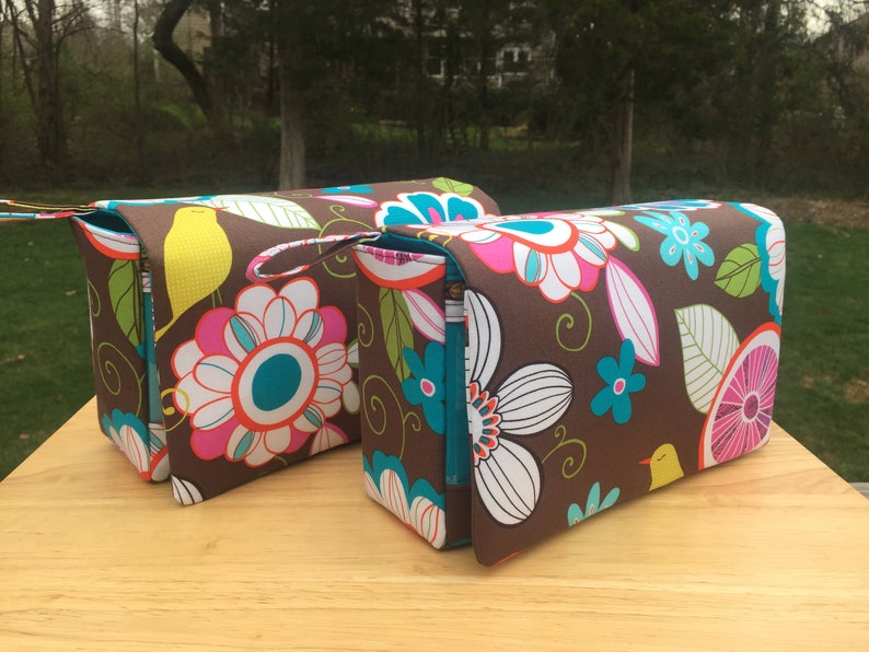 K&ouml;nnte beinhalten: Zwei braune Stoffbeutel mit einem farbenfrohen Blumen- und Vogelmuster. Das Design umfasst gro&szlig;e wei&szlig;e, rosa und t&uuml;rkisfarbene Blumen, gr&uuml;ne Bl&auml;tter und gelbe V&ouml;gel. Jeder Beutel hat einen t&uuml;rkisfarbenen Rei&szlig;verschluss und einen kleinen Griff.