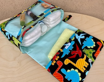 Dinosaurs diaper bag organizer, diaper clutch with clear zipper pouch, baby shower gift, black nappy bag