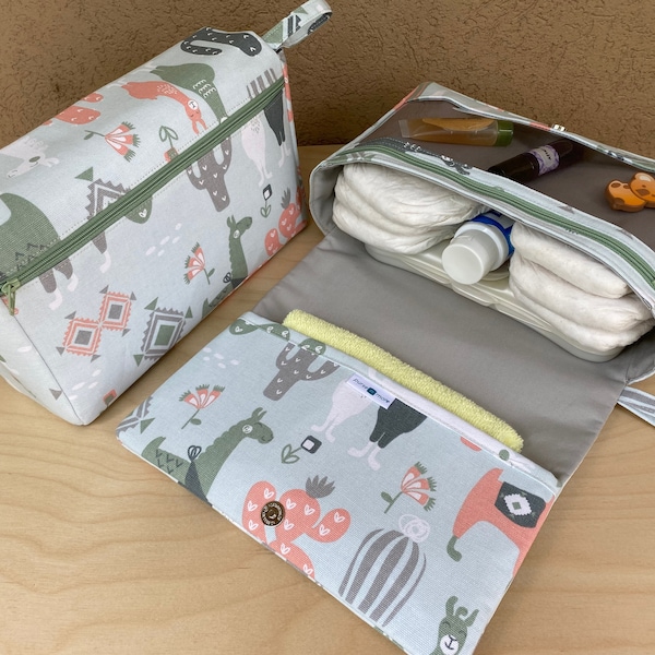 Cactus and Llama diaper bag organizer, baby shower gift, grey diaper clutch with clear zipper pouch, nappy bag