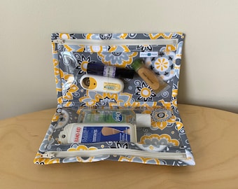 Flower medallions first aid organizer with two clear zipper pouches, baby shower gift for new parents, fold over makeup bag