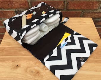 Black chevron diaper bag organizer, diaper purse, diaper clutch with clear zipper pouch