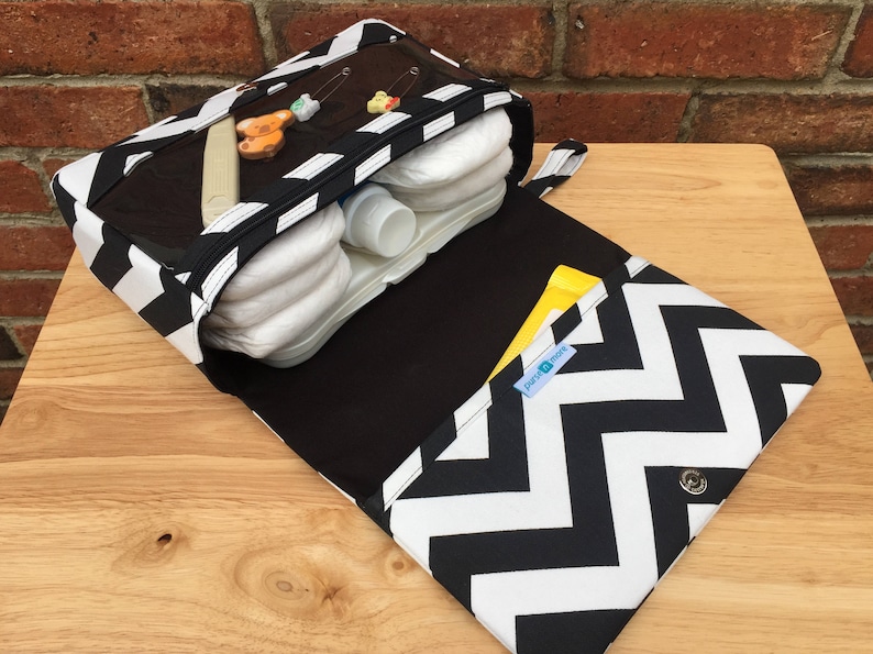 Black chevron diaper bag organizer, diaper purse, diaper clutch with clear zipper pouch 