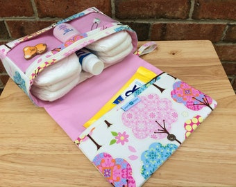 Pink diaper bag, pretty little trees diaper clutch, girly baby bag organizer, diaper purse with clear zipper pouch