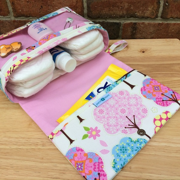 Pink diaper bag, pretty little trees diaper clutch, girly baby bag organizer, diaper purse with clear zipper pouch