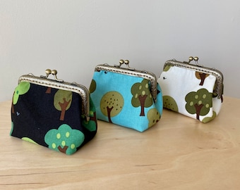 Trees kisslock coin purse in black, blue or ivory, antique brass embossed frame purse, clasp purse