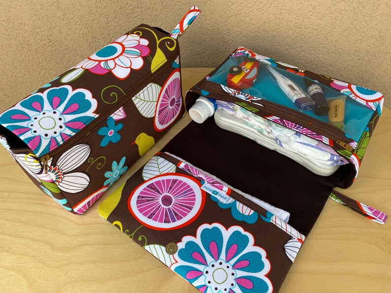 K&ouml;nnte beinhalten: Zwei braune Stoff-Reisetaschen mit einem Blumenmuster in Wei&szlig;, T&uuml;rkis und Rosa. Eine Tasche ist rechteckig mit Rei&szlig;verschluss und Griff. Die andere ist offen und zeigt ein transparentes Fach mit Babyartikeln. Die Taschen liegen auf einer Holzoberfl&auml;che.