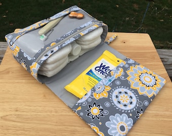 Flower medallions diaper bag, nappy bag organizer, yellow and grey diaper clutch, baby shower gift, for new parents