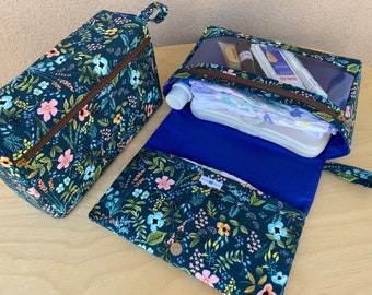 Spring flower diaper clutch, new parent gift, diaper bag organizer, blue nappy bag, floral diaper purse