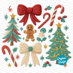May include: A collection of Christmas-themed illustrations. The image features a red bow, a gingerbread man, candy canes, Christmas trees, and other festive elements. The design includes the text "Original Design" in a blue circle.