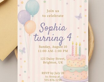 May include: A birthday party invitation with a watercolor design. The invitation features pastel balloons, butterflies, and a two-tiered cake with candles. Text includes the name "Sophia", the age "4", date, time, and RSVP information.
