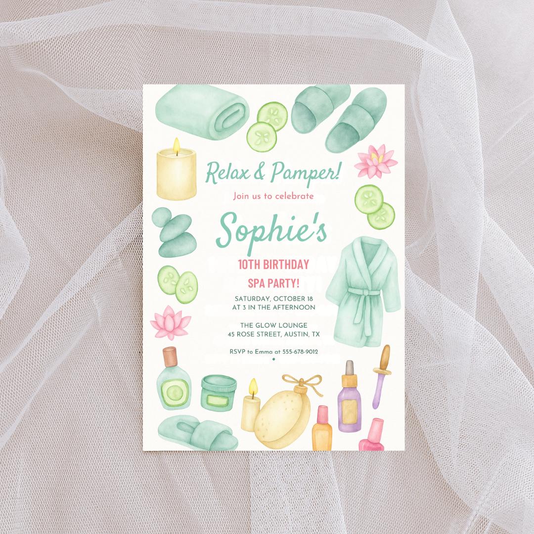 Spa Party Invitation Template, Relax and Pamper Birthday Invite ...