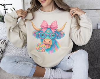 Cute Highland Cow PNG, Colorful Cow Sublimation Design with Glasses & Bow, Funny Farm Animal Clipart, Digital Download